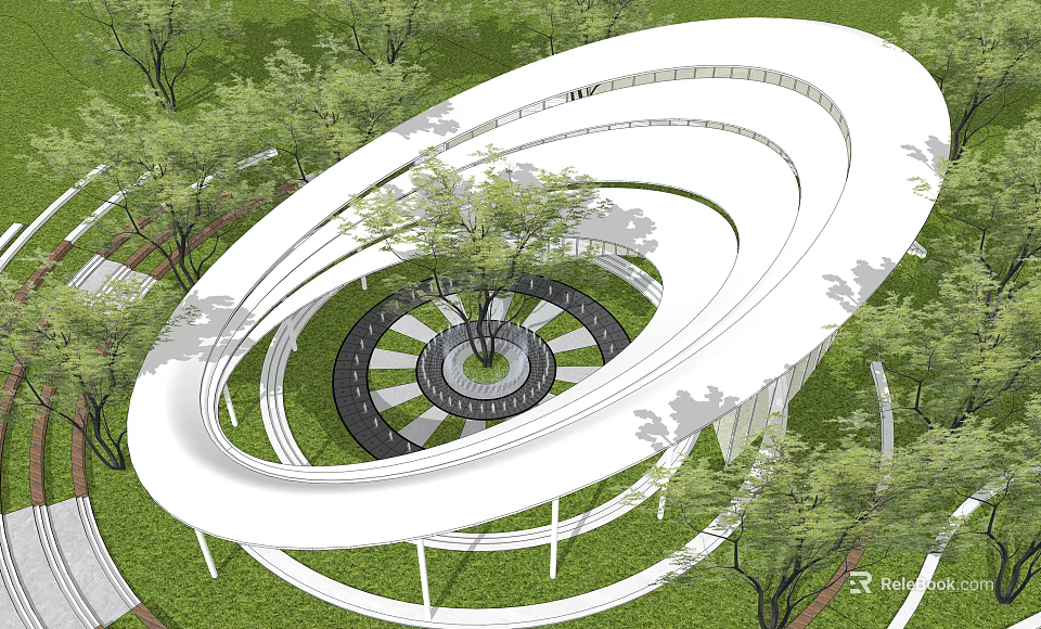 Modern Garden Landscape Design With Spiral White Structure Green Lawn And Central Trees 3d model 