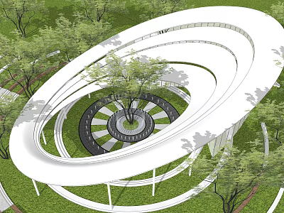 Modern Garden Landscape Design With Spiral White Structure Green Lawn And Central Trees 3d model