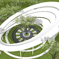 Modern Garden Landscape Design With Spiral White Structure Green Lawn And Central Trees