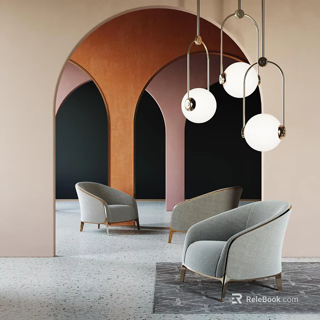 Modern Light Gray Single Sofa In Interior With Arch Walls And Pendant Lights 3d model 