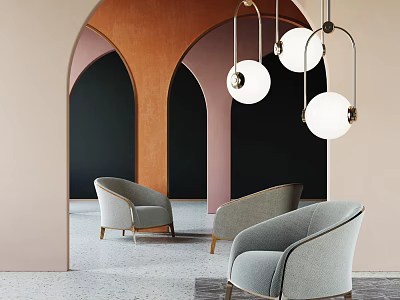 Modern Light Gray Single Sofa In Interior With Arch Walls And Pendant Lights 3d model