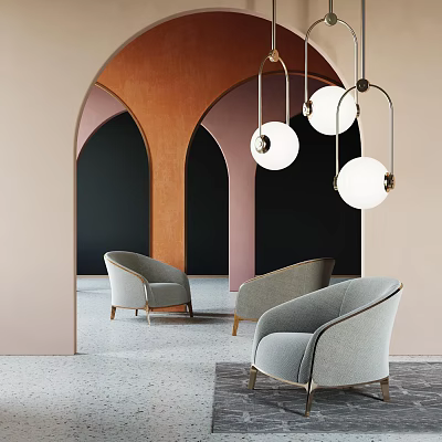 Modern Light Gray Single Sofa In Interior With Arch Walls And Pendant Lights 3d model