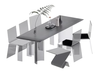 Modern Minimalist Dining Set With Long Table Transparent Chairs Plant And Vase Decor 3d model