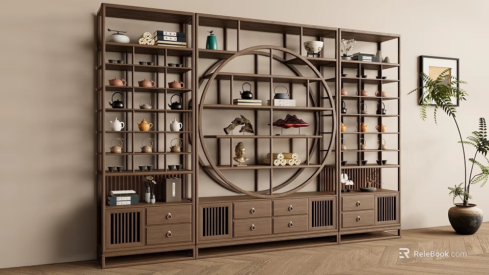 Chinese Style Curio Cabinet With Round Openwork Panel And Wooden Shelves Displaying Tea Sets Books 3d model 