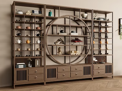 Chinese Style Curio Cabinet With Round Openwork Panel And Wooden Shelves Displaying Tea Sets Books 3d model