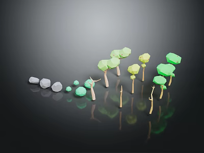 Cartoon Scene With Colorful Trees And Stones Arranged On Reflective Black Background 3d model