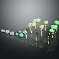 Cartoon Scene With Colorful Trees And Stones Arranged On Reflective Black Background