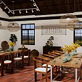 Traditional Restaurant Interior With Wooden Tables Chairs Green Vases Yellow Flowers Hanging Lamps And Calligraphy Scroll