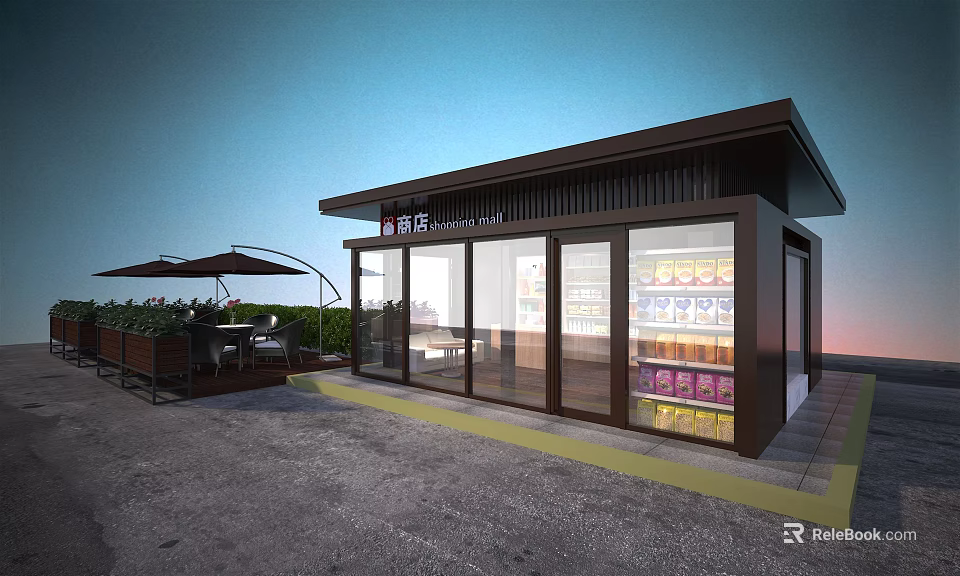 Modern Small Convenience Store With Glass Facade Beverage Fridges And Outdoor Seating 3d model 