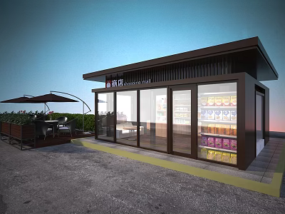 Modern Small Convenience Store With Glass Facade Beverage Fridges And Outdoor Seating 3d model