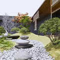 Rockery Stones In Japanese Garden Courtyard With Green Plants Pebble Path And Stone Lantern