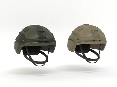 Two Tactical Protective Helmets in Green and Tan Colors with Straps 3d model