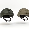 Two Tactical Protective Helmets in Green and Tan Colors with Straps