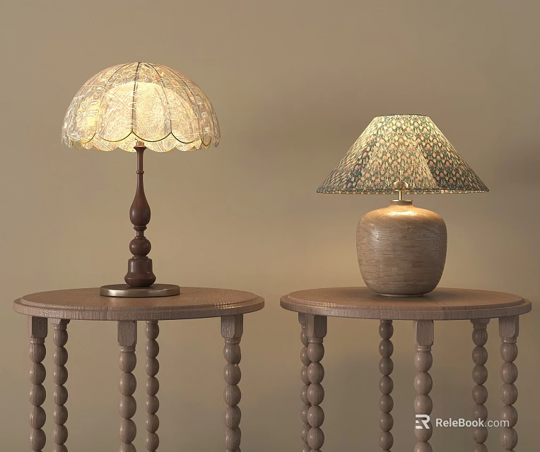 Decorative Table Lamps With Wooden Ceramic Bases And Patterned Shades On Round Beaded Leg Tables 3d model 
