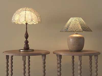 Decorative Table Lamps With Wooden Ceramic Bases And Patterned Shades On Round Beaded Leg Tables 3d model