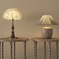 Decorative Table Lamps With Wooden Ceramic Bases And Patterned Shades On Round Beaded Leg Tables