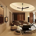 Modern Living And Dining Room Interior With Brown Sofa Woven Partition And Round Ceiling Fan