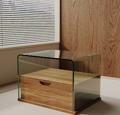 Wooden Side Table With Glass Top And Drawer Near Wooden Wall And Window Blinds 3d model