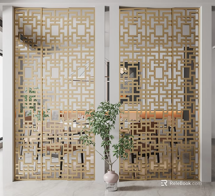 Golden Geometric Pattern Partition In Modern Interior Dining Area With Green Plant 3d model 
