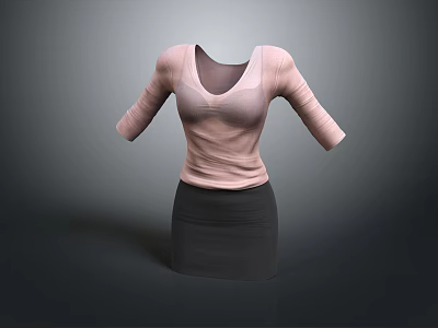 Women's Light Pink Three Quarter Sleeve Fitted Top With Black Pencil Skirt 3d model