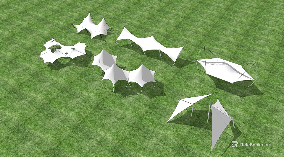 Modern Outdoor Tensile Membrane Structures With Various Shapes On Green Grass 3d model 