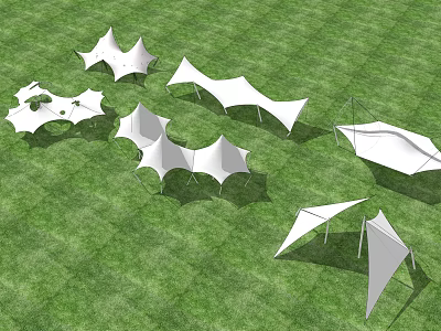 Modern Outdoor Tensile Membrane Structures With Various Shapes On Green Grass 3d model