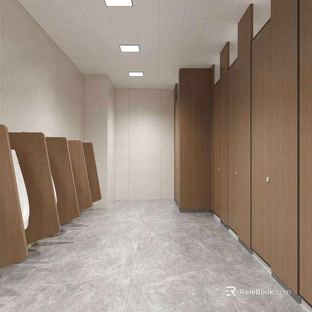 Public Restroom with Wooden Stalls Light Colored Walls Gray Marble Floor and Recessed Ceiling Lights 3d model 