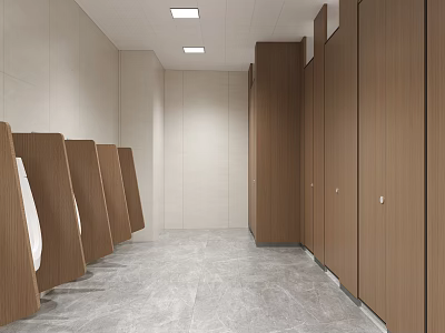 Public Restroom with Wooden Stalls Light Colored Walls Gray Marble Floor and Recessed Ceiling Lights 3d model