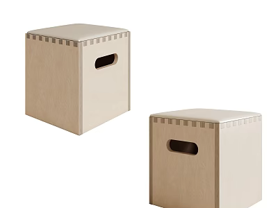 Two Beige Square Stools Featuring Checkered Top And Side Handle Design 3d model