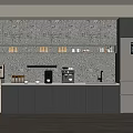 Contemporary Pantry Interior With Patterned Backsplash Gray Cabinets White Countertop Coffee Machine And Refrigerator 3d model