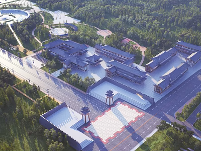 Scenic Traditional Chinese Architectural Complex With Trees Plaza Roads And Layout 3d model