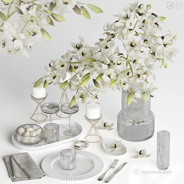 Elegant Tableware Set With White Orchids Transparent Glassware Tray And Candle Holders 3d model 