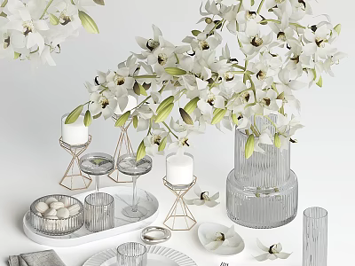 Elegant Tableware Set With White Orchids Transparent Glassware Tray And Candle Holders 3d model