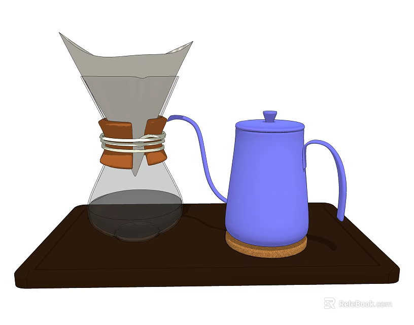 Modern Glass Tea Set with Brown Leather Strap Blue Long Spout Kettle on Brown Tray 3d model 