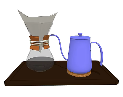 Modern Glass Tea Set with Brown Leather Strap Blue Long Spout Kettle on Brown Tray 3d model