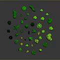 Assortment of Green Plants with Various Shapes and Sizes on Dark Background with Yellow Accents