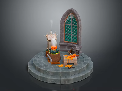 Mystical Fantasy Altar Scene With Arched Green Grid Window Smoking Cauldron And Circular Stone Steps 3d model