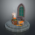 Mystical Fantasy Altar Scene With Arched Green Grid Window Smoking Cauldron And Circular Stone Steps