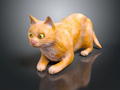Realistic Orange Cat With Yellow Eyes Lying On Black Surface And Reflection 3d model