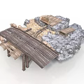 Rustic Wooden Platform Structure With Stone Rocks And Wooden Planks Design 3d model