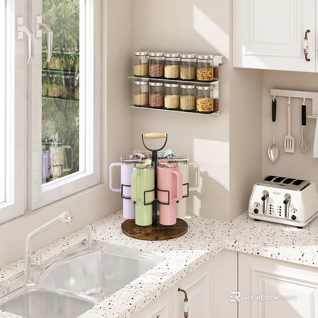Organized Kitchen Countertop With Shelf Jars Colorful Thermoses And Toaster 3d model 