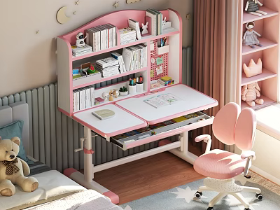 Pink Kids Study Desk With Bookshelf Books Stationery And Adjustable Design 3d model