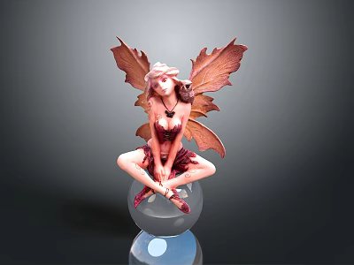 Woman Fairy Statue With Leaf Shaped Wings Sitting On Transparent Sphere 3d model