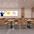 Modern Restaurant Interior With Wooden Dining Tables Chairs Lighting And Beverage Fridge