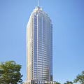 Modern High Rise Office Building With Glass Facade Against Blue Sky And Green Trees