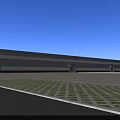 Modern Industrial Factory Building With Large Glass Windows And Spacious Front Plaza Checkerboard Ground