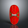 Traditional Red Shield With Yellow Geometric Patterns Silver Central Band And Wing Shaped Decorations Ancient Warfare Weapon