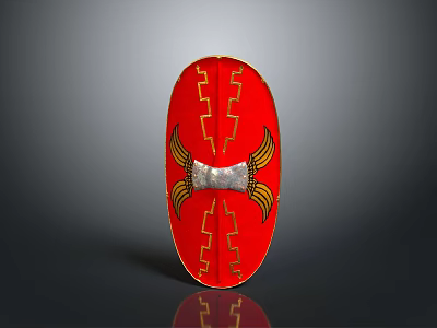 Traditional Red Shield With Yellow Geometric Patterns Silver Central Band And Wing Shaped Decorations Ancient Warfare Weapon 3d model