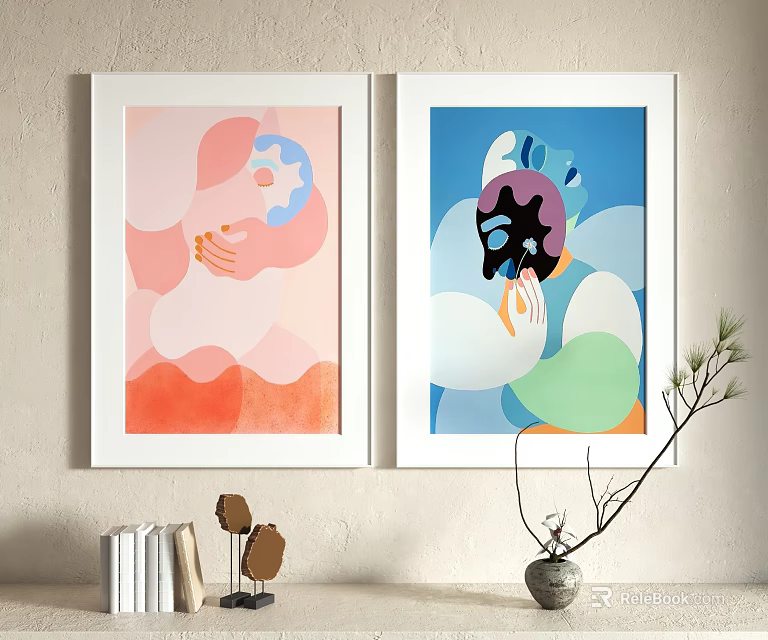 Abstract Paintings on Wall with Bookshelf Decorative Objects Vase and Branch 3d model