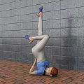 Woman Doing Handstand In Blue Top Gray Pants Blue High Heels Against Gray Brick Wall